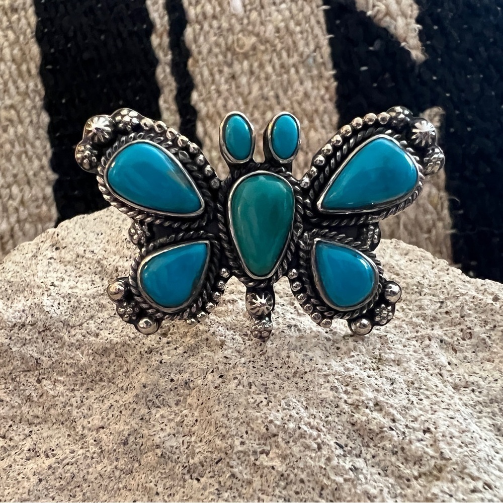 ❤️ Kingman Turquoise Statement Sterling Navajo Butterfly Sz 6.75 Ring 14.6gm